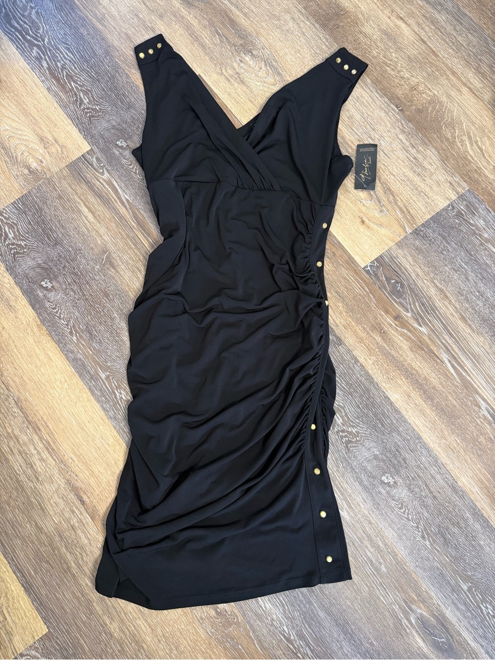 NWT Thalia Sodi Black Ruched Bodycon Dress Gold Button Detail Size L Cocktail